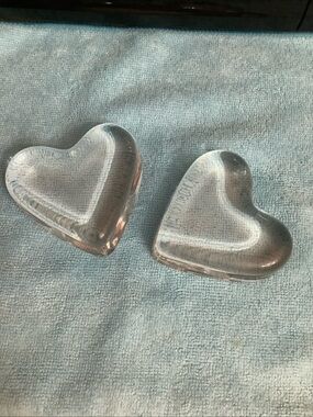 2- Baccarat Heart-Shaped Clear Crystal Glossy Hand Blown Paperweight